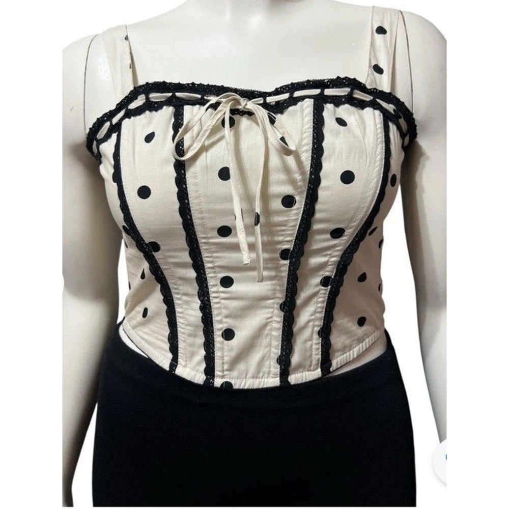 Corset With Crochet Trim Polka Dots NWT Sz L Dana Tank Top Black White Coquette